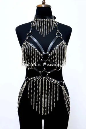 Deri ve Zincir Detaylı Harness Takım, Deri Dansçı Kostüm, Choker Detaylı Deri Harness - APFT1397