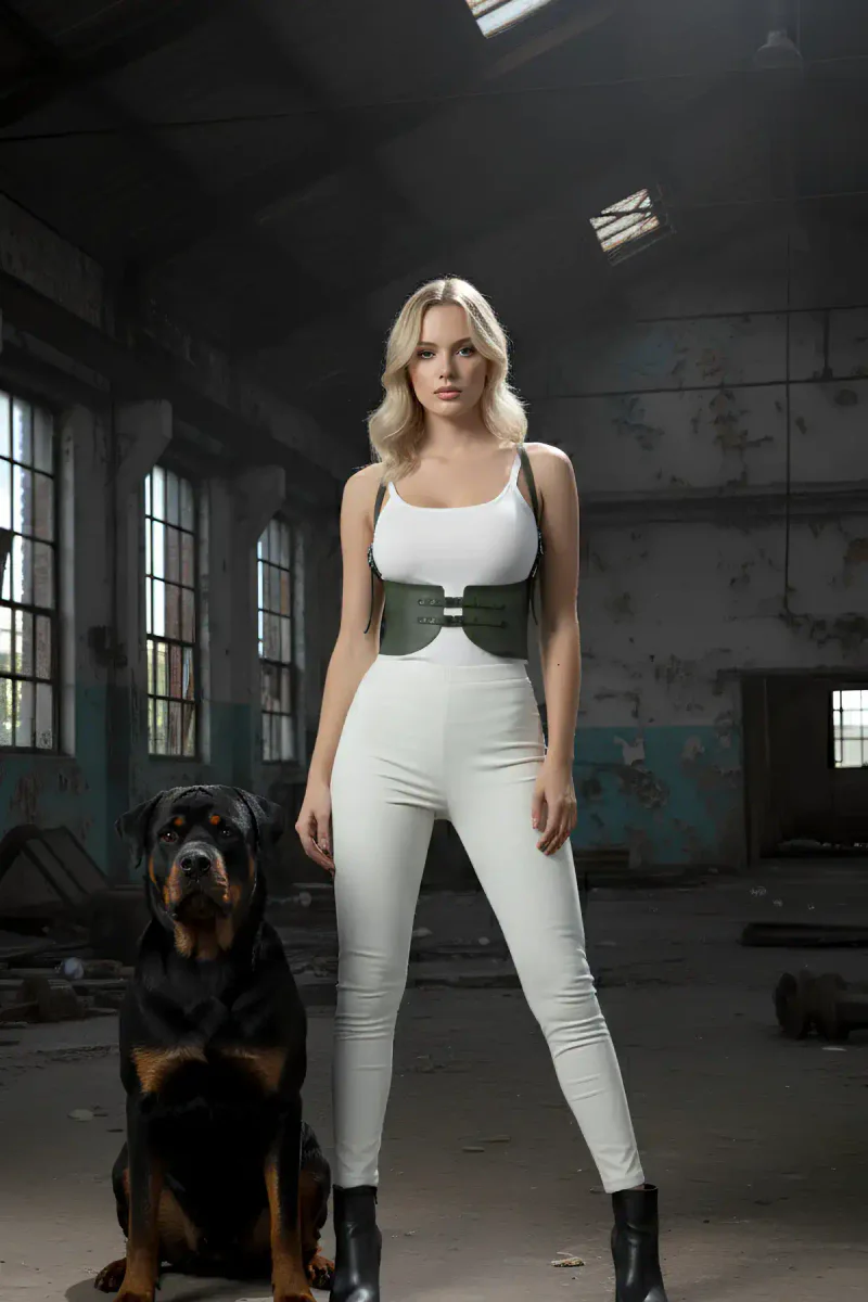 Vücut harness kemeri detayı, haki renk vegan deri dokusu, modelin üzerinde görünen çift sıra çıtçıtlı bel bandı.