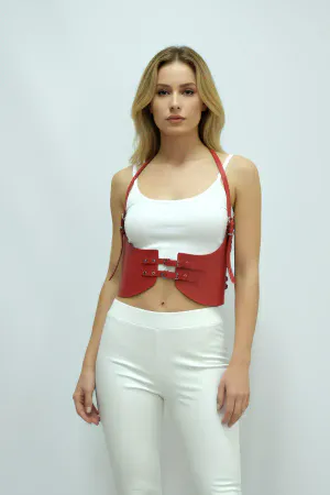 Kırmızı Renk Kalın Kadın Kemeri, Elbise Kemeri, Şık Deri Kemer, Deri Kemer Harness - APFT605