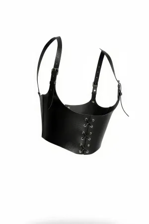 Black Faux Leather Underbust Corset Harness with Front Lacing and Shoulder Straps