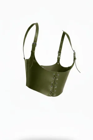 Khaki Faux Leather Underbust Corset Harness Top with Front Lacing Detail