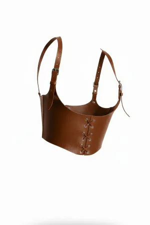 Cognac Vegan Leather Underbust Harness with Front Lacing Detail