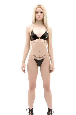 Black Faux Leather Bra Harness & G-String Set Gold Chains