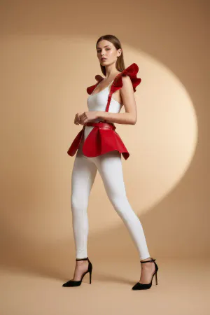 Kırmızı Etek Deri Volanlı Omuz Peplum - APFT1001