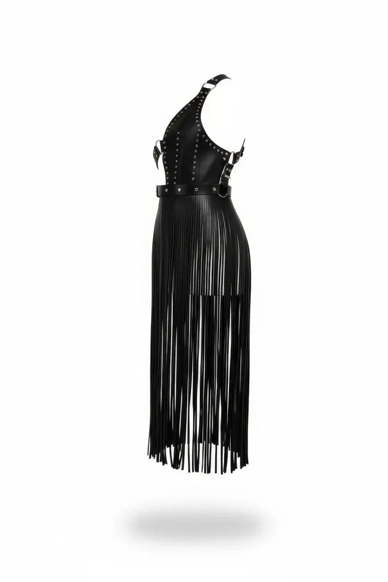 Black Faux Leather Studded Halter Fringe Dress Harness Side View