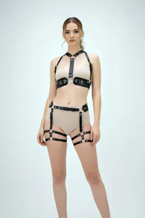 Black Faux Leather Studded Body Harness Set with Garter Straps