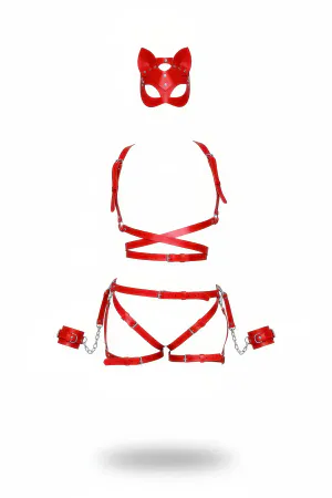 Red Faux Leather Body Harness Set Cat Mask & Cuffs Silver Chain