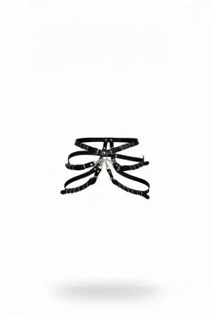 Black Faux Leather Thigh Harness for Women with Multi-Straps and Silver Studs Front View