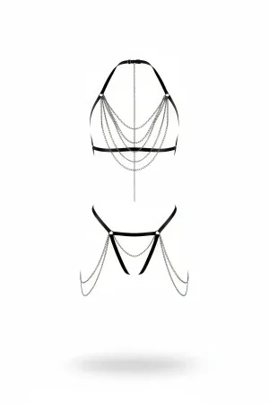 Black Faux Leather Body Harness Set Cascade Chains Adjustable Straps