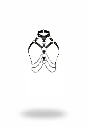 Black Faux Leather Chest Harness with Choker and Draped Silver Chains Adjustable Straps