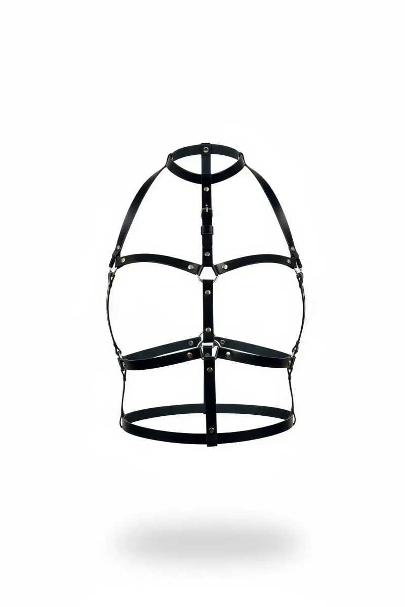 Siyah deri vücut harness, ayarlanabilir boyun ve göğüs kayışları ile