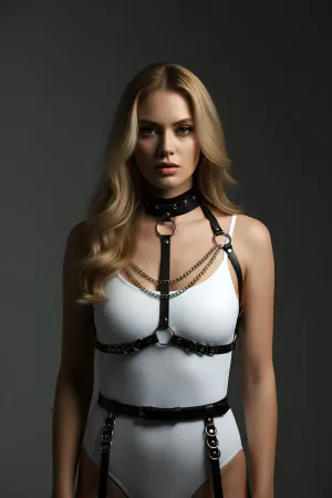 Black Faux Leather Full Body Harness for Women with Chest Chains and Garter Straps