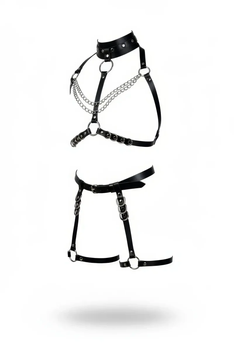 Black Vegan Leather Body Harness Set with Chains and Thigh Garters