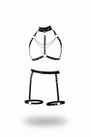 Black Faux Leather Body Harness Set with Silver O-Rings and Chains