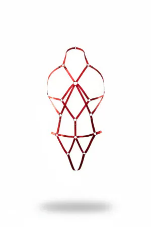 Red faux leather full body harness with geometric strap design and O-rings
