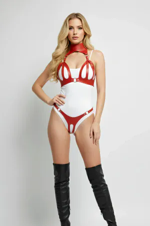 Red Faux Leather Full Body Harness with Choker and O-Rings
