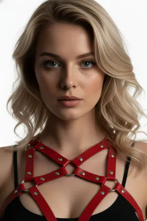 Red Caged Chest Harness Bra Vegan Leather Adjustable O-Rings