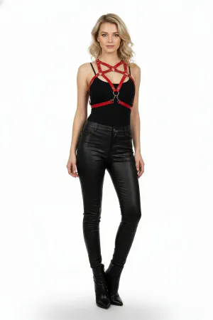 Red Caged Chest Harness Bra Vegan Leather Adjustable O-Rings