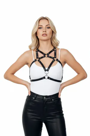 Black Faux Leather Criss-Cross Chest Harness with Silver O-Ring on Model