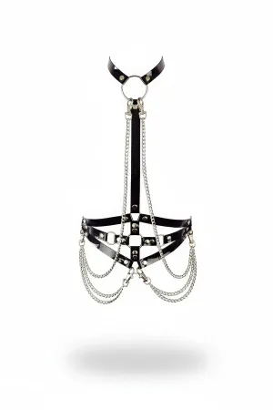Black Faux Leather Choker Body Harness with Multi-Chain Drapes and Silver O-Rings