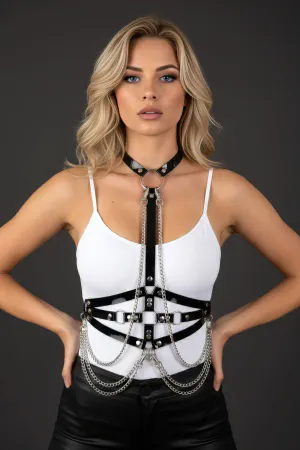 Black Faux Leather Chained Body Harness with O-Rings and Draping Chains