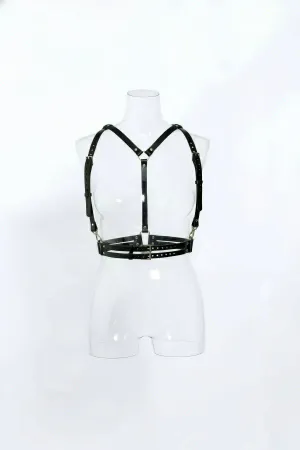 Black Faux Leather Y-Front Chest Harness Double Underbust Straps