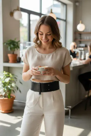 Black Faux Leather Wide Waist Belt with Silver Chain Detail