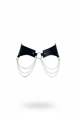 Black Faux Leather Wide Waist Harness Draping Silver Chains