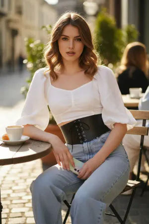 Black Faux Leather Lace-Up Waist Corset Belt on Woman