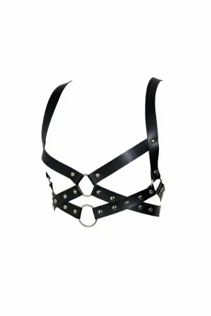 Zımba detaylı siyah suni deri kadın vücut harness aksesuarı, ayarlanabilir bantlı
