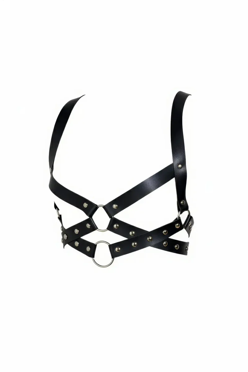 Zımba detaylı siyah suni deri kadın vücut harness aksesuarı, ayarlanabilir bantlı