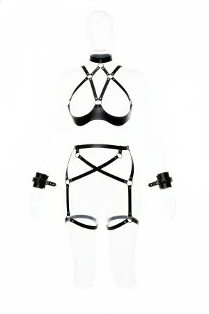 Black Faux Leather Full Body Cage Harness Set with Garter Belt and Cuffs on mannequin