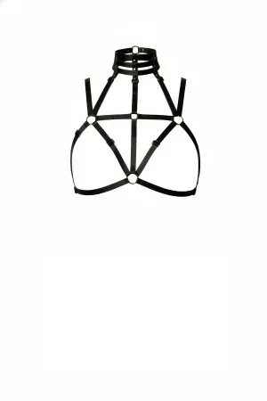 Black Faux Leather High Collar Chest Harness with Silver O-Rings