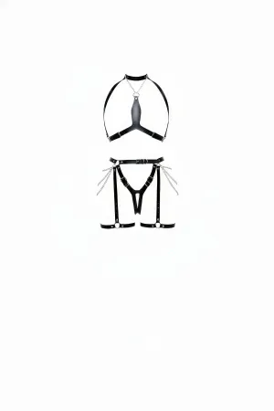 Black Faux Leather Harness Set with Silver Chains Choker and Garter