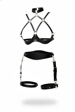 Black Faux Leather Open Bust Harness Bra with Choker and Thigh Garter Set