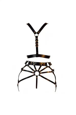 Black Faux Leather Two-Piece Body Harness Set with O-Ring Garter Skirt