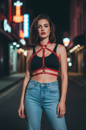 Red Faux Leather O-Ring Chest Harness with Choker on model