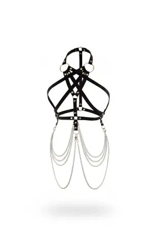 Siyah suni deri zincir detaylı kadın vücut harness aksesuarı