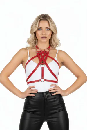 Red Faux Leather Strappy Chest Harness O-Ring Detail