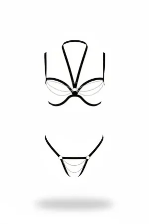 Black Faux Leather Harness Bralette Thong Set Silver Chain Details