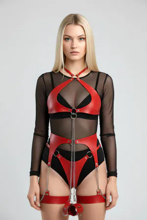 Red Faux Leather Full Body Harness with Thigh Straps and Silver Chain Detail