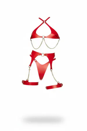 Red Faux Leather Harness Bra and Garter Set with Chains, O-Rings