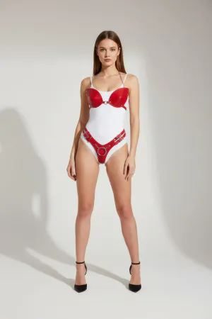 Red Patent Faux Leather Body Harness Women White Bodysuit O-Rings