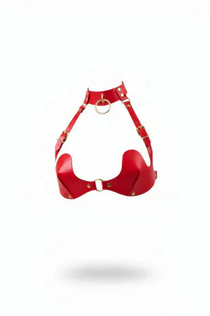 Red Faux Leather Sculpted Chest Harness Bra Gold O-Ring