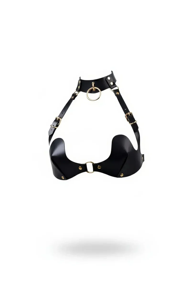 Siyah Faux Leather Göğüs Harness Boyunluklu O Halka Detaylı