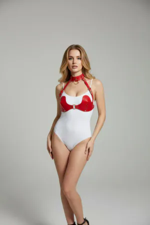 Kırmızı Göğüs Harness Parlak Suni Deri Halka Detaylı - APFT1226