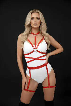 Kırmızı Harness Takım Deri Vücut Jartiyerli Aksesuar - APFT122