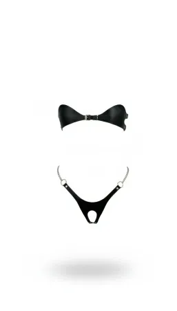 Black Faux Leather Strapless Harness Bralette and G-String Set with Silver Chains