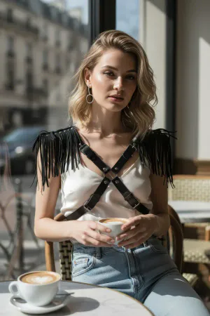Black Fringed Shoulder Body Harness Faux Leather Front View Fashion Accessory