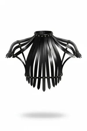 Sculptural Faux Leather Harness Black Shoulder Cage High Neck with Silver Rivets